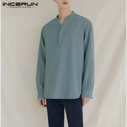 INCERUN Leisure Solid Color Shirts Mens Long Sleeve V Neck Camisa Elegant Dress Shirt Man Korean Chemise Hombre Blusas S-5XL 7