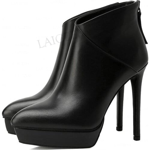 LAIGZEM Women Ankle Platform Boots Genuine LEATHER Side Zip Slim High Heels Booties Ladies Dress Shoes Woman Big Size 38 39 40