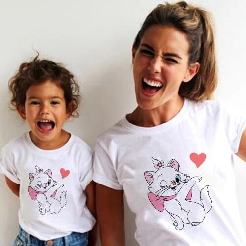 Cute Baby Girl T-shirt Funny Marie Cat Woman Print Tshirt Summer Short Sleeve Disney The Aristocats Family Matching T-shirts