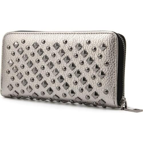2020 New Fashion Women Lady Punk Faux Leather Clutch Wallet Rivet Holder Mini Purse Zipper Elegant High Quality Black Silver