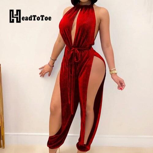 Solid Lace Up Sashes Split Hallow Out Sexy Club Romper Woman Sleeveless Round Neck Pleated Jumpsuit Women