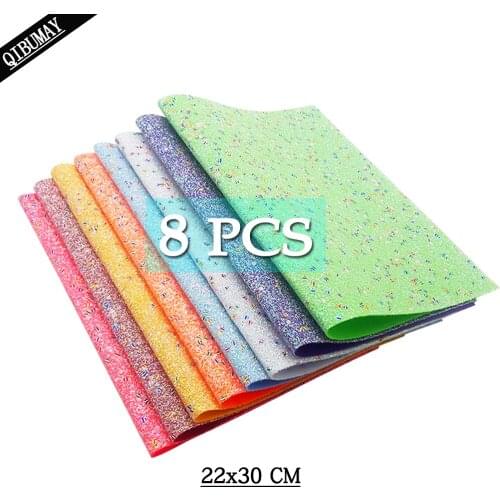 QIBU 8pcs Chunky Glitter Fabric Colorful Faux Leather Sheets DIY Hair bow Vinyl Fabric PU Leather Bag Material Synthetic Leather