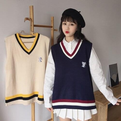Sweet College V-neck Cute Cat Embroidery Sleeveless Waistcoat Vest Japanese Style White Shirt Outfit Womens Autumn jk uniform
