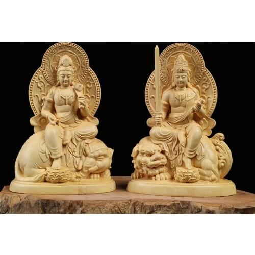 12CM Zodiac Guardian Wenshu Puxian Bodhisattva Buxus Kuan Yin Statue Wood Carving Ornaments Buddha Statue Solid Buddha Carvings