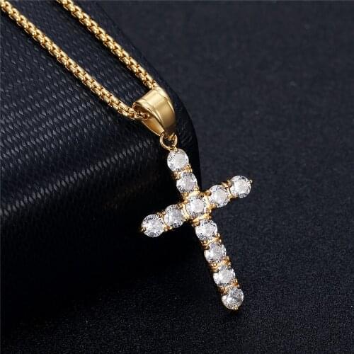 Hip Hop Gold Color Cross Necklaces Mens Women Stainless Steel Iced Out Bling CZ Pendant Necklaces Jewelry Gifts Dropshipping