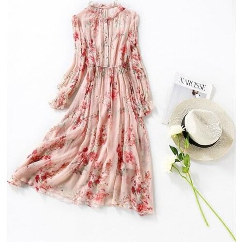High Quality Summer Dress 2021 100% Silk Floral Dress Long Sleeve Dresses for Women Korean Fashion Two-piece Vestidos Pph5095