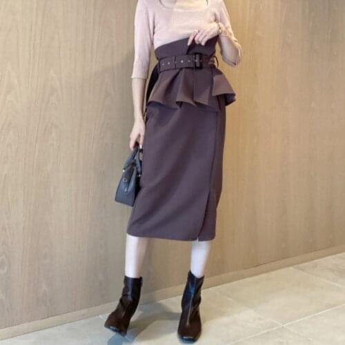 Japanese Chic Sashes Belt Design Midi Skirts Women High Waist Ruffles Split Jupe Female 2021 Fall Office Lady Elegant Faldas