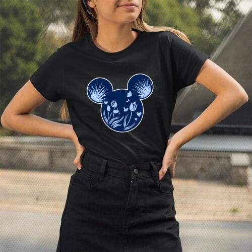 Women T-Shirt Round Neck Kawaii Black Tee Harajuku Style Cute Tshirt Short Sleeve Loose Casual Disney Mickey Mouse Head Printing