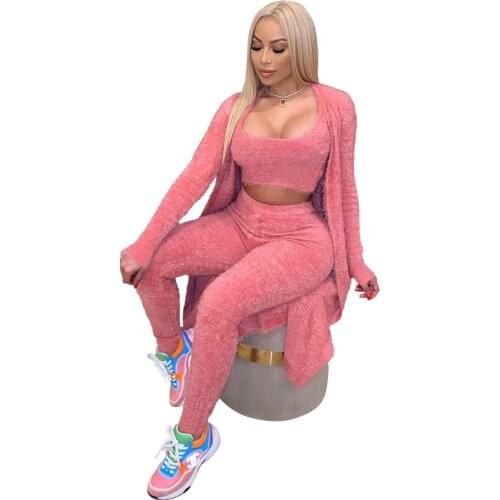 Fall Winter Women Clothing Casual Furry Sleeveless Tank Crop Top Long Coat + Pencil Pants Slim Two Piece Set Tracksuit Women