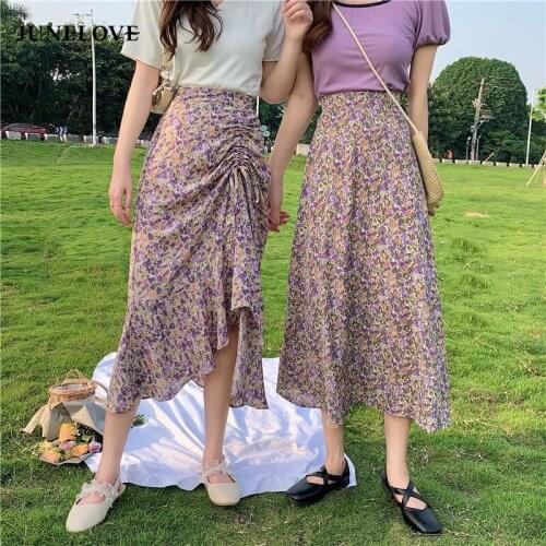 JuneLove Vintage Floral Print Ruffle Pleated Long Skirt Summer Women Korean Skirt Streetwear Drawstring Elastic Waist Midi Skirt
