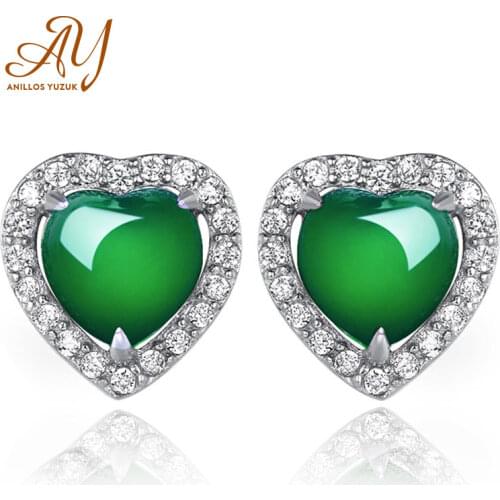 Anillos Yuzuk Lovely Green Chalcedony Stud Earrings Real 925 Sterling Silver For Women Wedding Party Heart Earring Gift