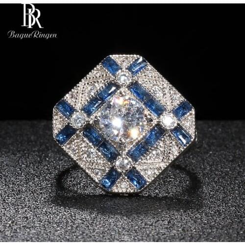 Bague Ringen Geometry Silver 925 Jewelry Gemstones Ring for Women Round Zircon Rectangle Sapphire Female Gift Party Accessory