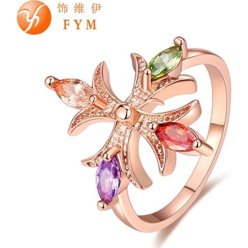 FYM High Quality Colorful Cross Flower Shape Zircon Austrian Crystal Ring Female Rhinestones For Women Party size 7-8