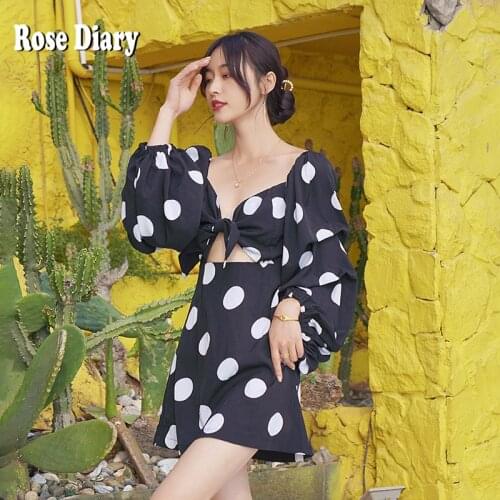 RoseDiary Black Polka Dot Summer Dress Women Deep V Neck Long Lantern Sleeves Bodycon Mini Sexy Dress High Waist Casual Vestidos