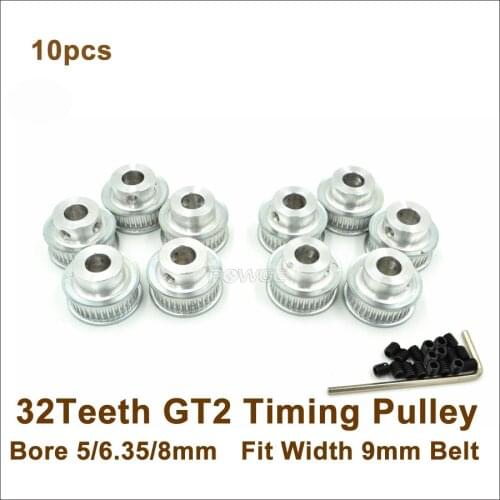 POWGE 10pcs 32 Teeth 2GT Timing Belt Pulley Bore 5/6.35/8mm Fit W=9mm 2GT Timing Belt 3D Printer 32teeth 32T GT2 Timing Pulley