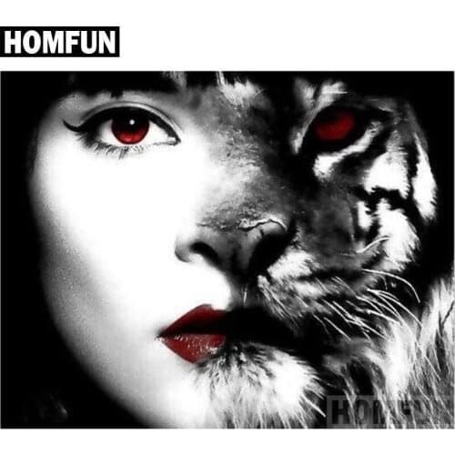 HOMFUN Full Square/Round Drill 5D DIY Diamond Painting "Girl tiger" Embroidery Cross Stitch 5D Home Decor Gift A00145