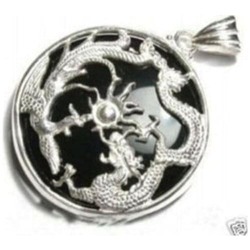 FREE shipping> >>>> ZYF-Beautiful black stone silver dragon phoenix pendant necklace