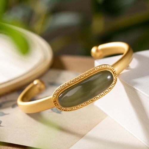 S925 Sterling Silver Hollow Bracelet Natural Hetian Jade Gray Jade Bracelet Personality Simple Antique Pattern Bracelet Jewelry
