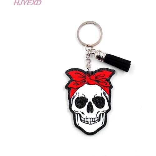 1piece) -Skull Keychain With Ribbon Halloween Gift For Her Black Glitter Acrylic Keychain