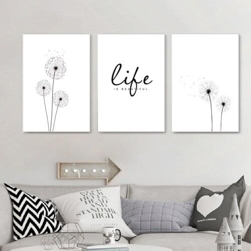 Black and White Minimalism Text Dandelion Canvas Painting Poster Gift Art Wall Art Prints Bedroom Living Room Wall Decoration