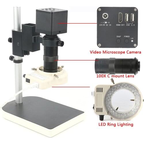 1080P 4K UHD 12MP Digital Video Microscope Camera 100X C Mount UI Measurement PCB Soldering Electric Microscopio Magnifier Set