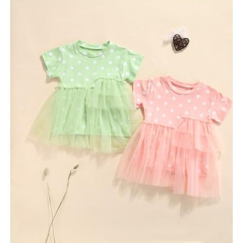 Kids Summer Princess Dress Girls Polka Dots Print Tulle Patchwork Dress O-Neck Short Sleeve Party Dress for Children 1-8Y