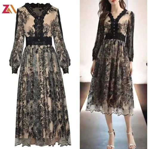 ZALady designer vintage lace mesh midi dresses for women holiday traf high quality long sleeve v-neck retro dress femme robes