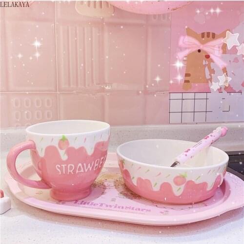 Kawaii Pink Strawberry Pattern Relief Ceramic Bowl Rice Soup Fruit Salad Bowls Tableware sweet strawberry cup ceramic coffee mug