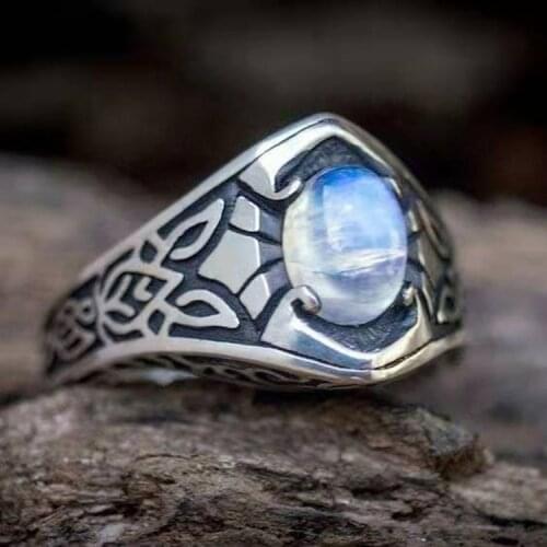Punkboy Moonstone Rings Antique Silver Color Oval Opal Ring for Enthic Style Mens Wedding Party Fashion Jewelry Accessories