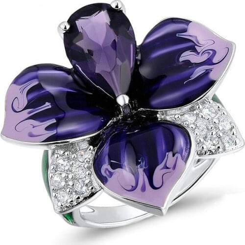 New Popular Enamel Cloisonne Craft Purple Silver Color Butterfly Flower Plants Metal Ring Female Women