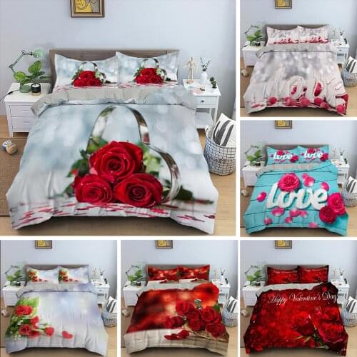 Rose Printed Duvet Cover Set Twin Full Queen King Bedding Comforter Lovers Bedspread Soft Quilt Valentines Day Home Bed Textile