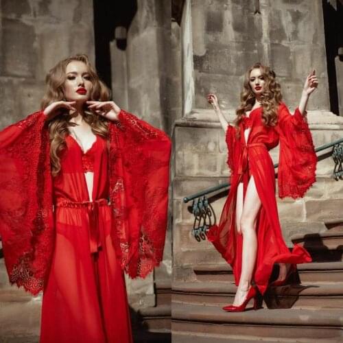 Red Bridal Sleepwear Womens Robe Lace Bathrobe Night Dress Sexy Illusion Womens Designer Pyjamas Femme Lingerie