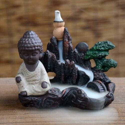 Home Decor Buddhism Incense Burner Rockery Buddha Monk Bullet Blackflow Incense Cones Burner Smoke Ceramic Censer Burner