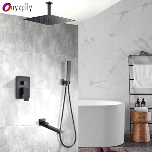 Onyzpily Matte Black Bathroom Shower Faucet Set Ceiling Mounte Waterfall Rain Shower System Swivel Spout Bathtub Mixer Tap