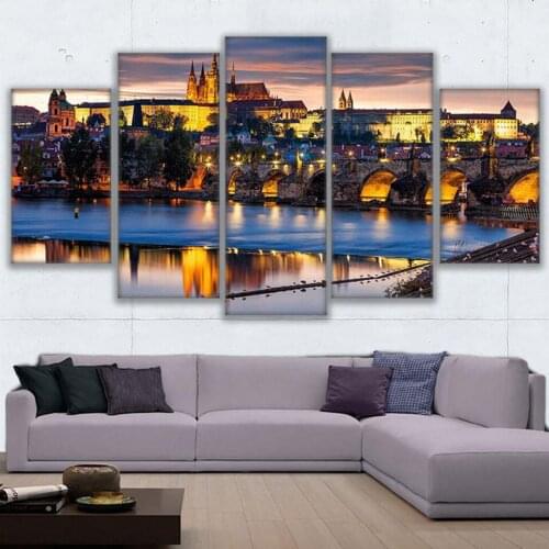 Framed Wall Art Pictures For Living Room Home Decor HD Prints Canvas 5 Pieces Prague Bridge Painting City Night Scene