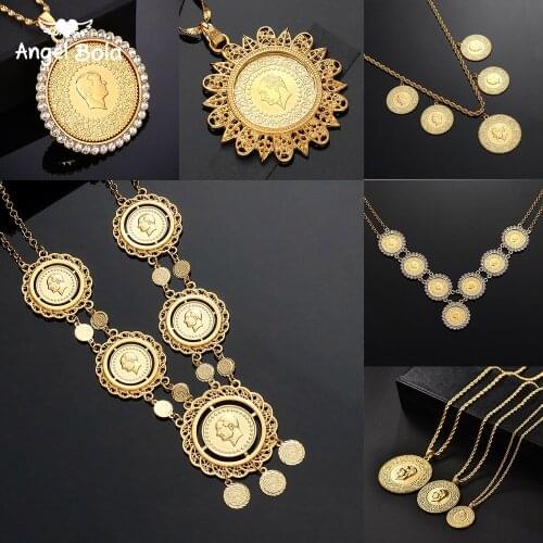 Never Faded Big Size Turkey Coin Pendant Muslim Islam Necklace with AAA Crystal for Women Gold Color Turkish Coins Allah Jewelry