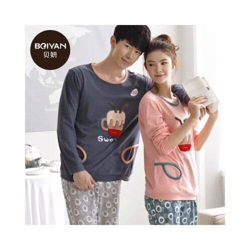 New arrive leisure 100% Cotton pajamas Cartoon Pink Colour Full Sleeve Lovers sleepwear