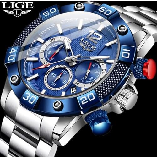 New LIGE Stainless Steel Watches Mens Sports Waterproof Luminous Chronograph Top Brand Luxury Quartz Men Watch Relogio Masculino