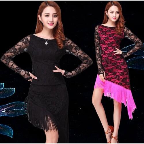 Latin Dance Dress Tassel Elegant Sexy Women Tango Ballroom Salsa Stage Dance Costumes Lace Patchwork DancewearRetail