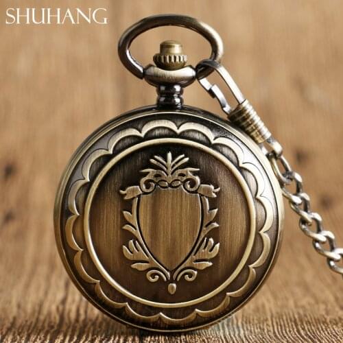 SHUHANG 2017 Shield Bronze Mechanical Pocket Watch Classic Steampunk Roman Dial Skeleton Mens Black Windup Watches Fob Chain