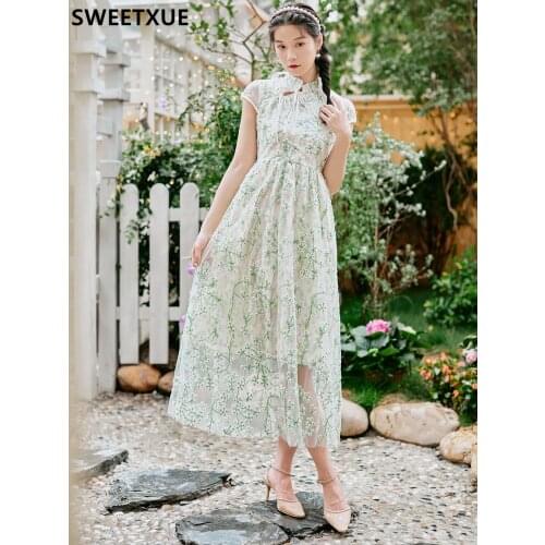 SWEETXUE New Summer Runway Flower Embroidery Dress Womens Floral Hollow Out Long Mesh Fairy Bow Cheongsam Dresses Vestidos