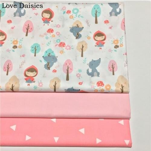 100% Cotton Twill Cartoon Fairy Little Red Hat Girl Fox Pink Tri angle Trees Fabrics for DIY Bedding Dress Sheet Handwork Decor