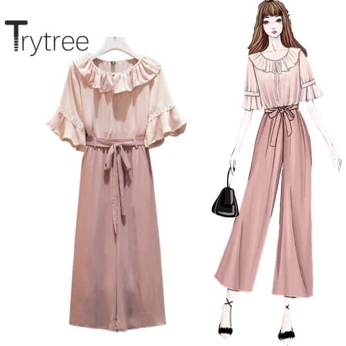 Trytree 2020 Summer Women Two Piece Set Casual O-neck Solid Flare Sleeve Tops + Pants Wide leg pants Fashion 2 Color 2 Piece Set