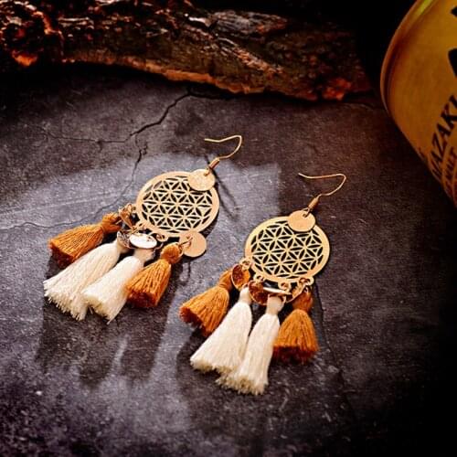 Bohemian Dream Catcher Tassel Earrings Vintage Hollow Round Drop Dangle Earrings For Women Wedding Party Bridal Fringed Jewelry