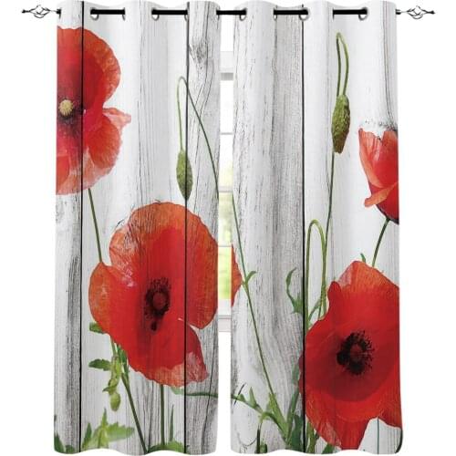 Vintage Wood Red Flowers Poppy Room Curtains Large Window Bathroom Curtains Outdoor Fabric Indoor Decor Kids Window Curtain