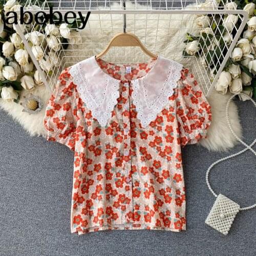 Women Floral Blouse Korean Ruffles O Neck Puff Sleeve Casual Tops 2021 Spring Bohemian Print Vacation Blouses
