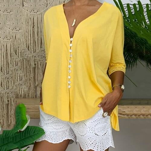 Women Lace Shirt V-neck Button Top Solid Color Classic Loose Single Breasted Shirt Womens Clothing 2021 Blusas Y Camisas