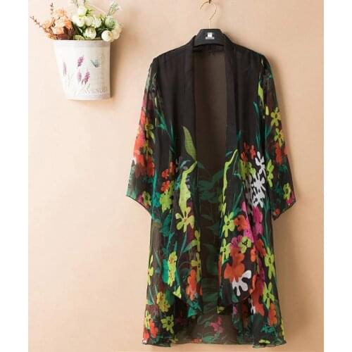 Women Long Jackets Summer Vintage Floral Print Coat Chiffon Bikini Open Stitch Jacket Top Womens Beach Sunscreen Swimsuit Coats