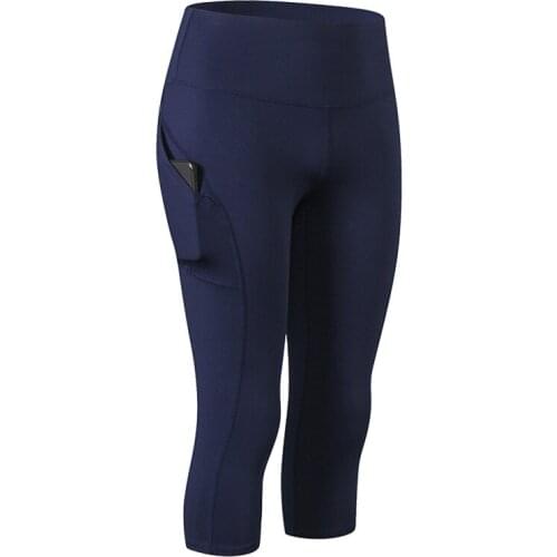 Women High Elastic High Waist 3/4 Leggings Breathable Quick Dry Anti Sweat Side Phone Pockets Women Running Yoga Pants Fitness