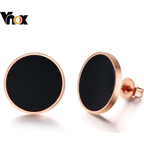 Vnox Black Circle Stud Earrings for Women Pink Gold Tone Stainless Steel aretes brincos